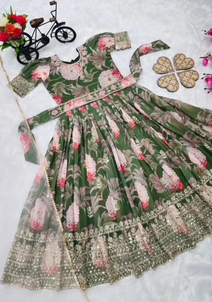 Floral Embroidered Digital Pritned Gown for Kids with Belt