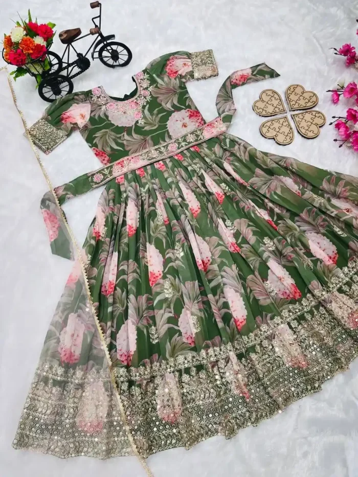 Floral Embroidered Digital Pritned Gown for Kids with Belt