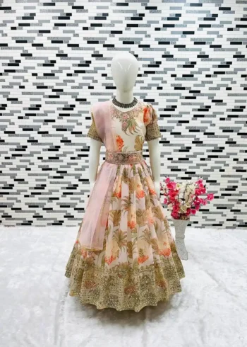 Floral Embroidered Digital Pritned Gown for Kids with Belt