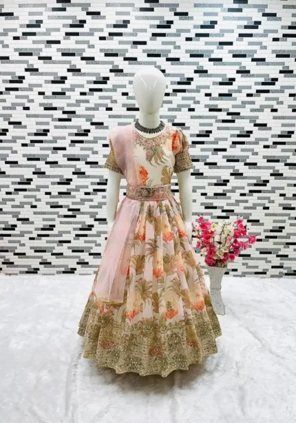 Floral Embroidered Digital Pritned Gown for Kids with Belt