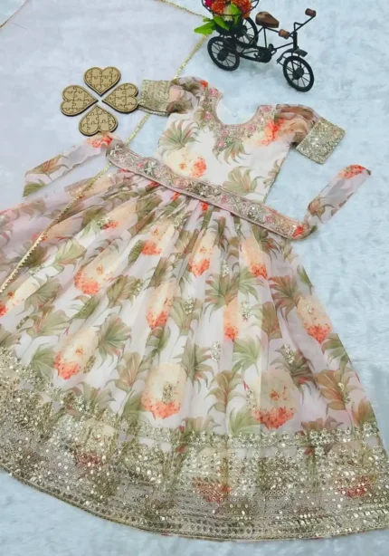 Floral Embroidered Digital Pritned Gown for Kids with Belt