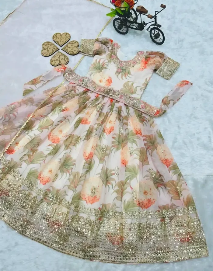 Floral Embroidered Digital Pritned Gown for Kids with Belt