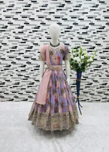 Floral Embroidered Digital Pritned Gown for Kids with Belt