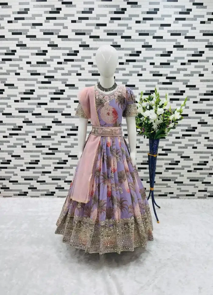 Floral Embroidered Digital Pritned Gown for Kids with Belt