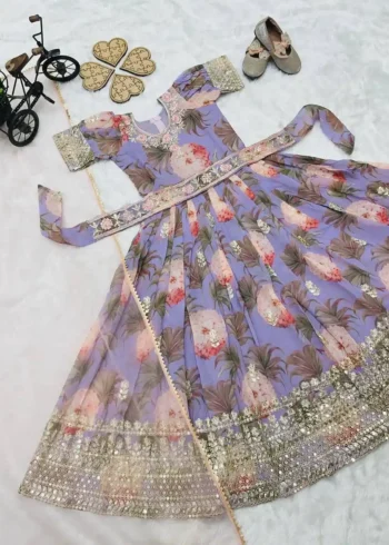 Floral Embroidered Digital Pritned Gown for Kids with Belt