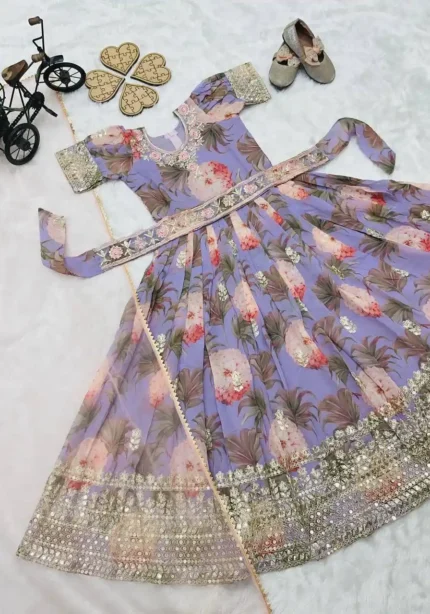 Floral Embroidered Digital Pritned Gown for Kids with Belt