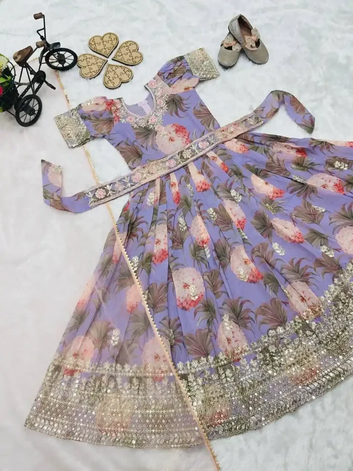 Floral Embroidered Digital Pritned Gown for Kids with Belt