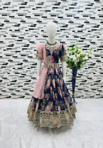 Floral Embroidered Digital Pritned Gown for Kids with Belt