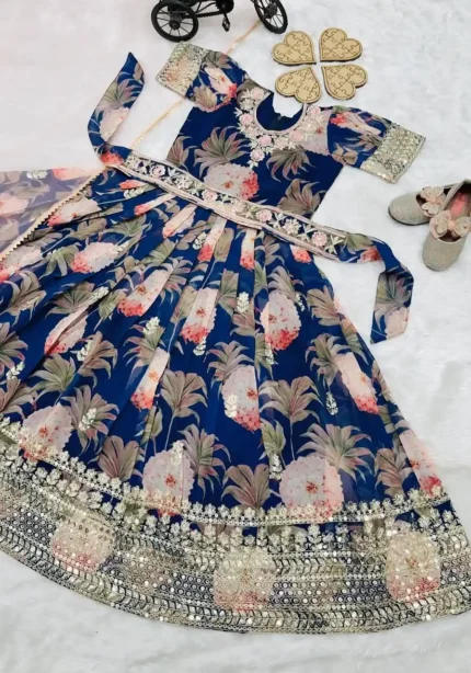 Floral Embroidered Digital Pritned Gown for Kids with Belt