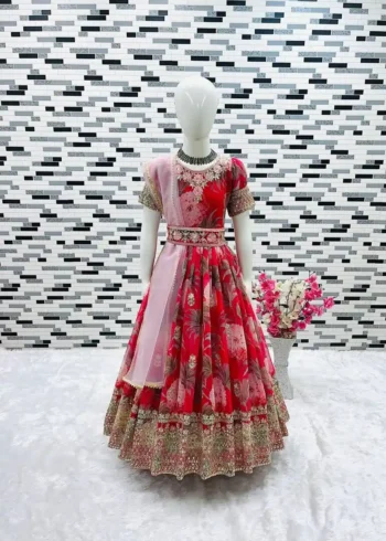 Floral Embroidered Digital Pritned Gown for Kids with Belt
