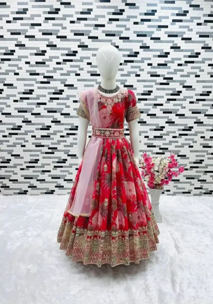 Floral Embroidered Digital Pritned Gown for Kids with Belt