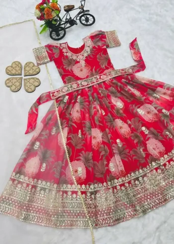 Floral Embroidered Digital Pritned Gown for Kids with Belt