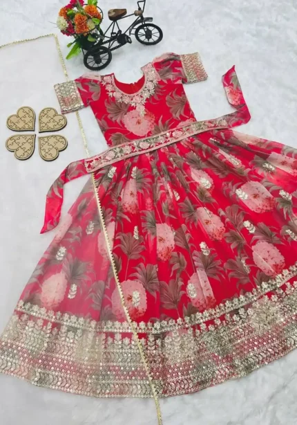 Floral Embroidered Digital Pritned Gown for Kids with Belt