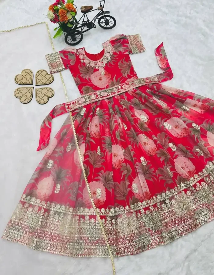 Floral Embroidered Digital Pritned Gown for Kids with Belt