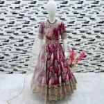 Floral Embroidered Digital Pritned Gown for Kids with Belt