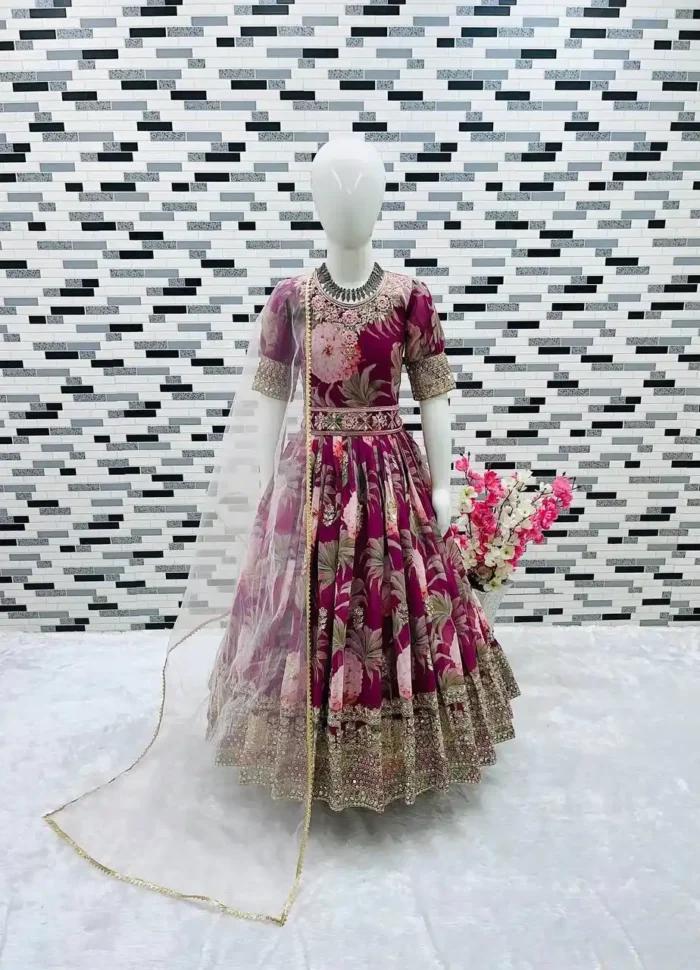 Floral Embroidered Digital Pritned Gown for Kids with Belt