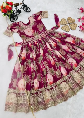Floral Embroidered Digital Pritned Gown for Kids with Belt