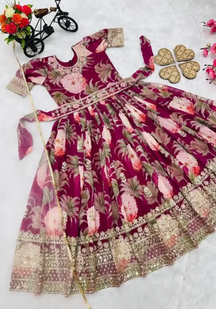 Floral Embroidered Digital Pritned Gown for Kids with Belt