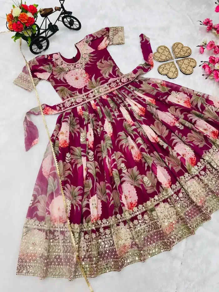 Floral Embroidered Digital Pritned Gown for Kids with Belt