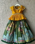 green Floral Printed Kalamkari Lehenga for Kids