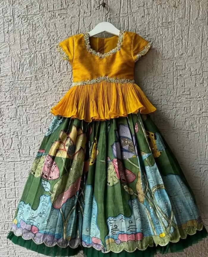 green Floral Printed Kalamkari Lehenga for Kids