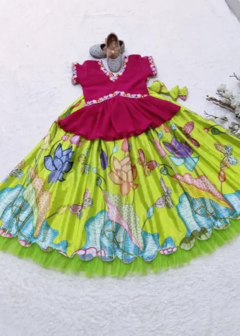 neon Floral Printed Kalamkari Lehenga for Kids
