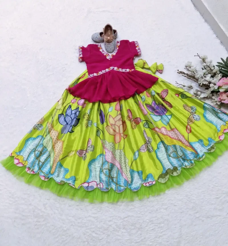 neon Floral Printed Kalamkari Lehenga for Kids