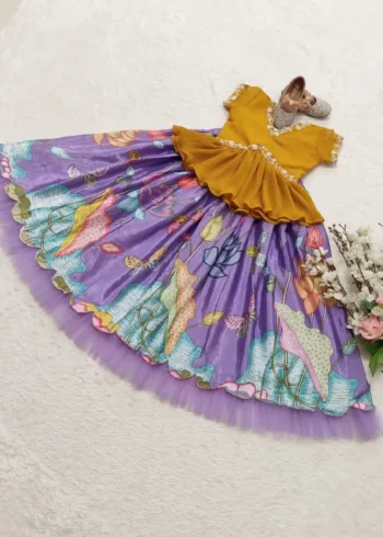 lavender Floral Printed Kalamkari Lehenga for Kids
