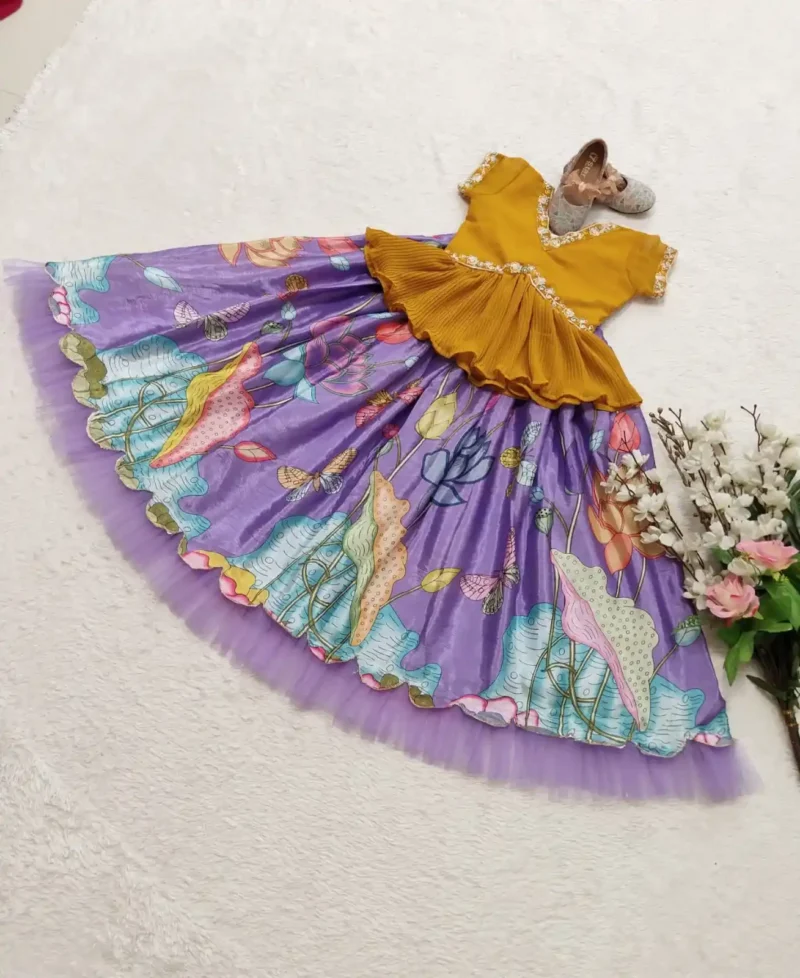 lavender Floral Printed Kalamkari Lehenga for Kids