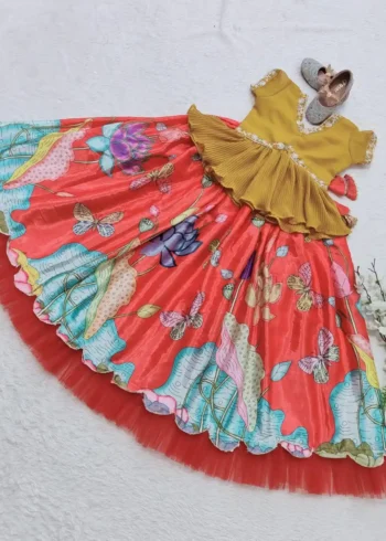 orange Floral Printed Kalamkari Lehenga for Kids