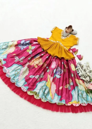 red Floral Printed Kalamkari Lehenga for Kids