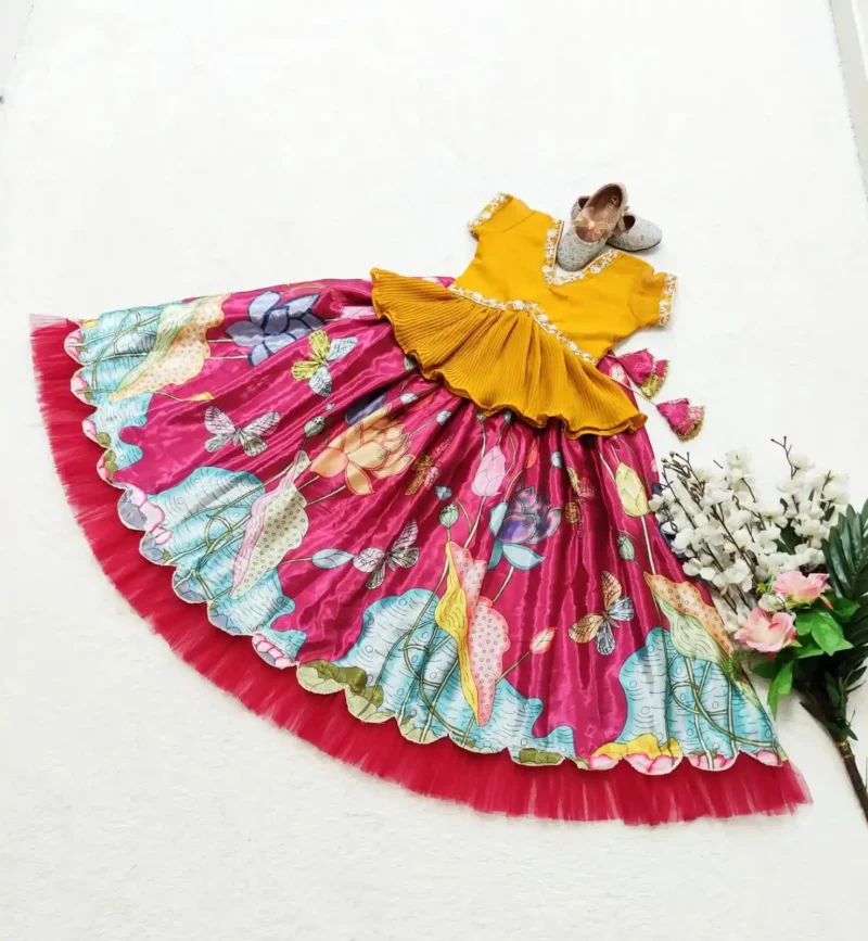 red Floral Printed Kalamkari Lehenga for Kids