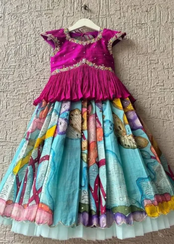 sky blue Floral Printed Kalamkari Lehenga for Kids