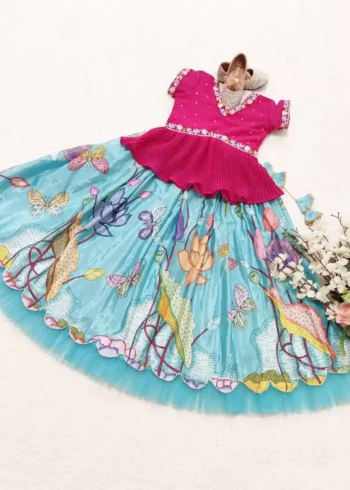 sky blue Floral Printed Kalamkari Lehenga for Kids