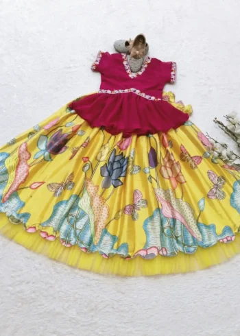 yellow Floral Printed Kalamkari Lehenga for Kids