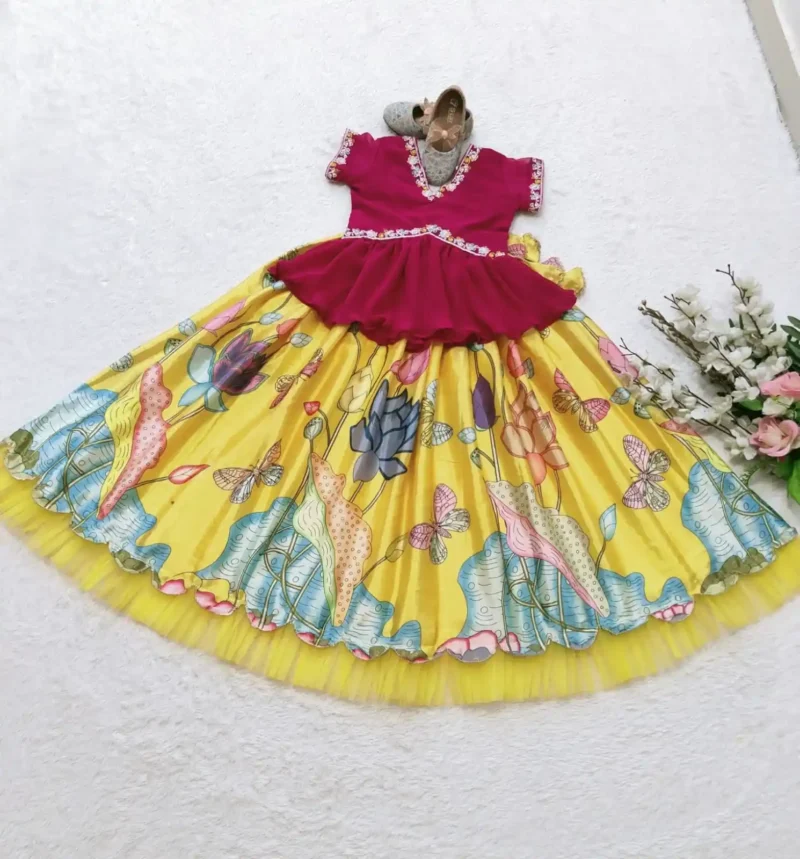 yellow Floral Printed Kalamkari Lehenga for Kids