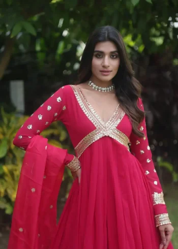 red colour Full Sleeves Zari & Sequins Embroidered Designer Gown
