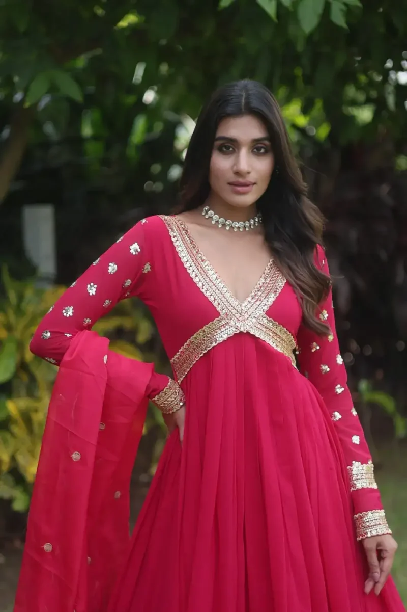 red colour Full Sleeves Zari & Sequins Embroidered Designer Gown