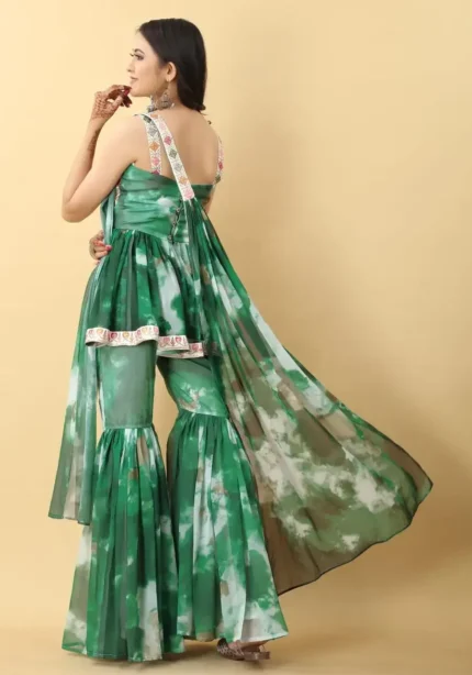 Green colour Zari & Sequins Embroidered Georgette Sharara Dress