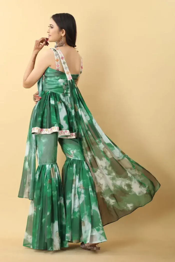 Green colour Zari & Sequins Embroidered Georgette Sharara Dress