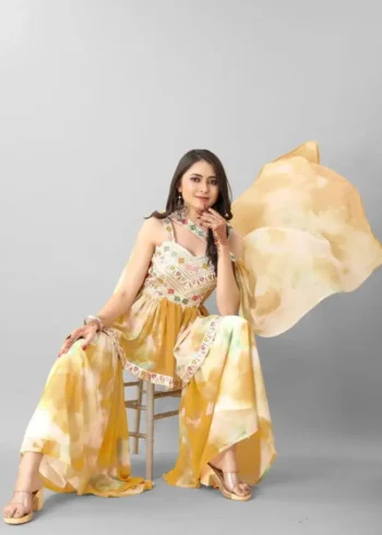 Yellow colour Zari & Sequins Embroidered Georgette Sharara Dress