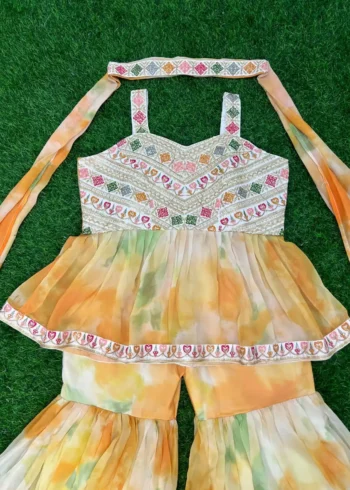 Yellow colour Zari & Sequins Embroidered Georgette Sharara Dress