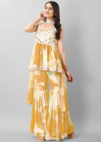 Yellow colour Zari & Sequins Embroidered Georgette Sharara Dress