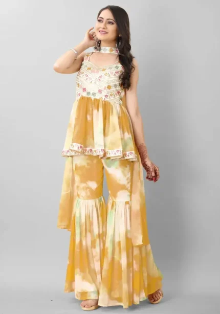 Yellow colour Zari & Sequins Embroidered Georgette Sharara Dress