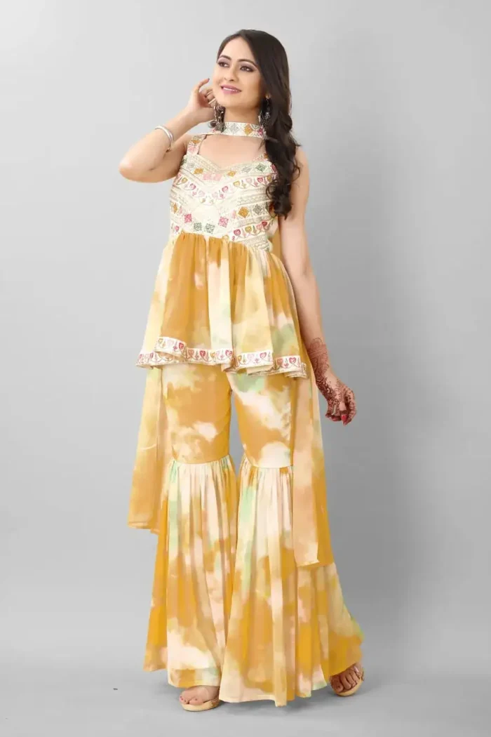 Yellow colour Zari & Sequins Embroidered Georgette Sharara Dress