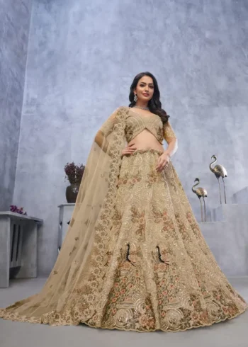 Golden Colour Peacock & Bagh Sequins Embroidered Bridal Lehenga