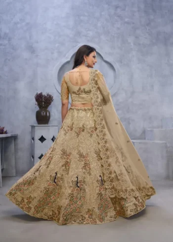 Golden Colour Peacock & Bagh Sequins Embroidered Bridal Lehenga