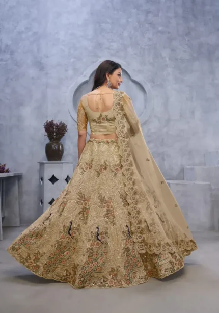 Golden Colour Peacock & Bagh Sequins Embroidered Bridal Lehenga