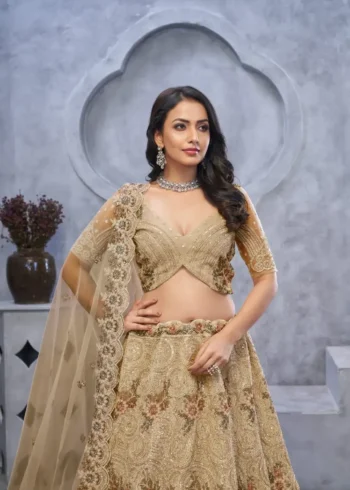 Golden Colour Peacock & Bagh Sequins Embroidered Bridal Lehenga