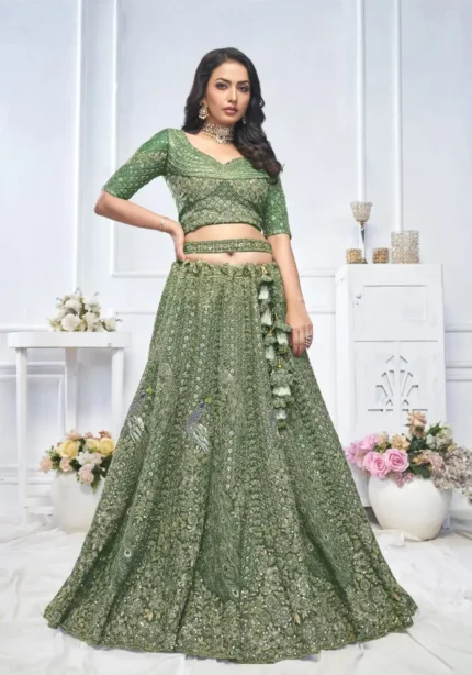 Peacock and Floral Embroidered Lehenga for Mehendi and Brides